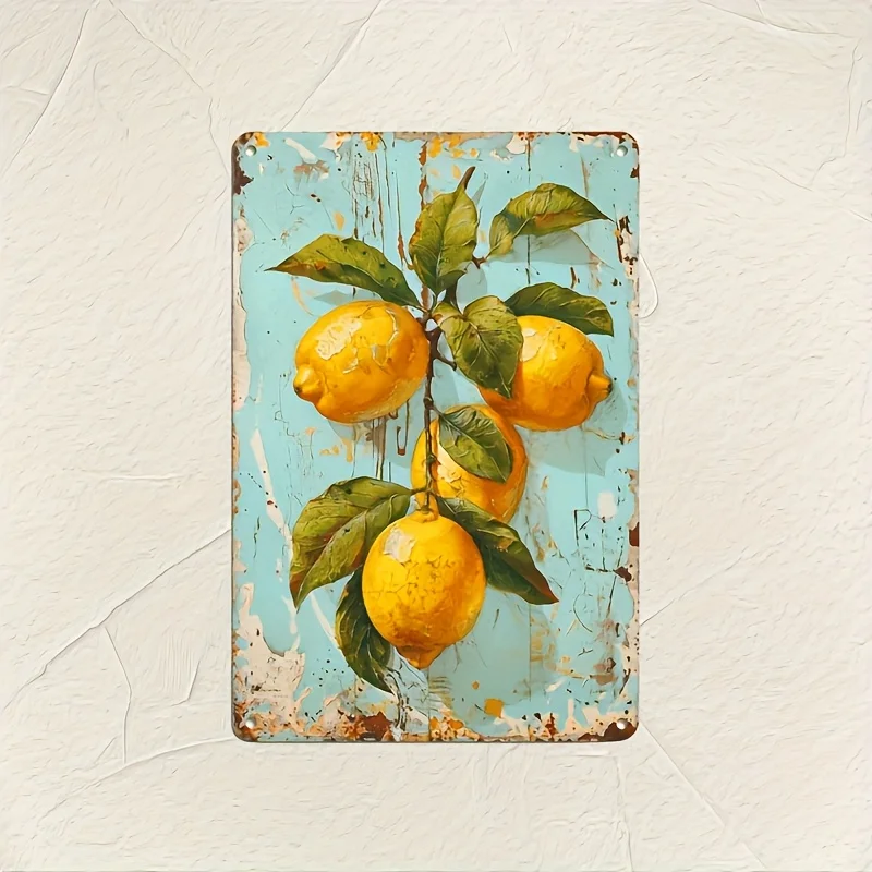 of Lemon-Themed Still Life Artwork on a Tin Sign - Retro Iron Metal Wall Decoration Suitable for Kitchens, Bars, Cafes, And Gara