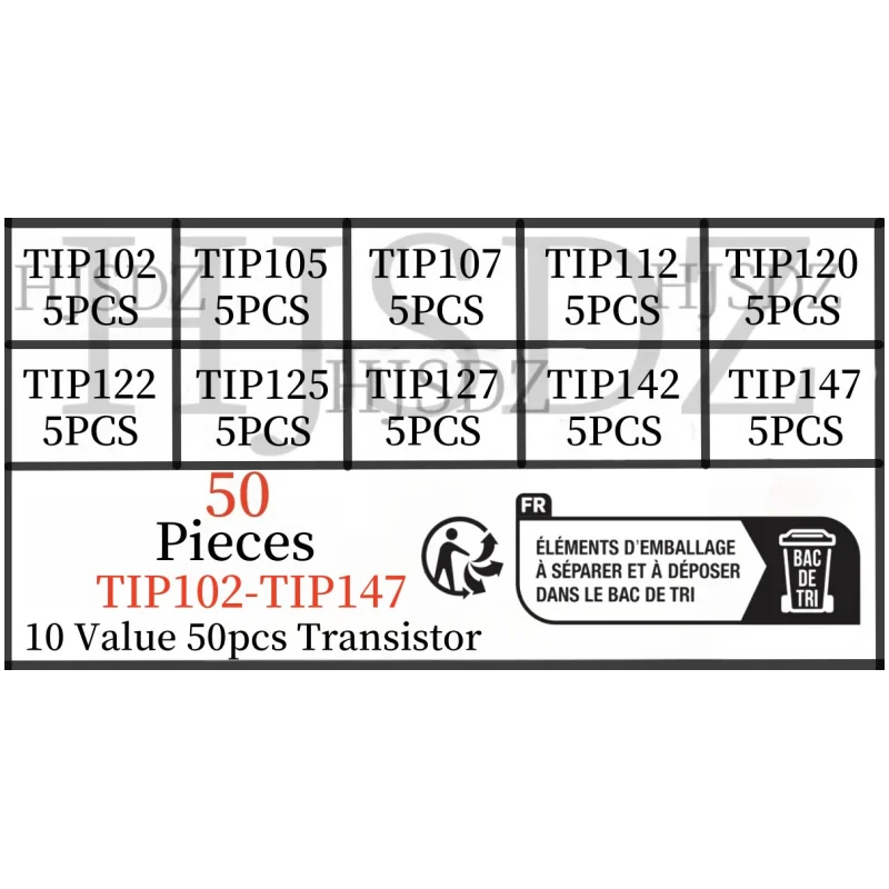 10 types 50 pièces TIP102 TIP105 TIP107 TIP112 TIP12 TIP122 TIP125 TIP127 TIP142 TIP147 TO-220 Darlington Trans