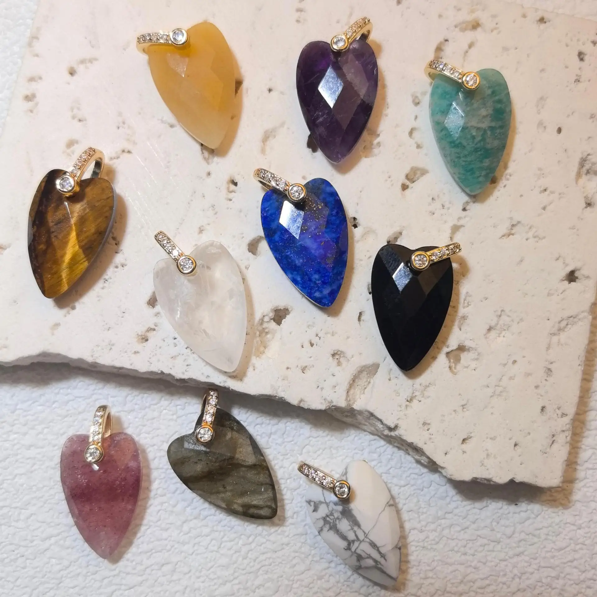 1PC Natural Stone Faceted Heart Pendant Shield Shape Crystal Charm with Gold CZ Pave Bail DIY Necklace Jewelry Accessories