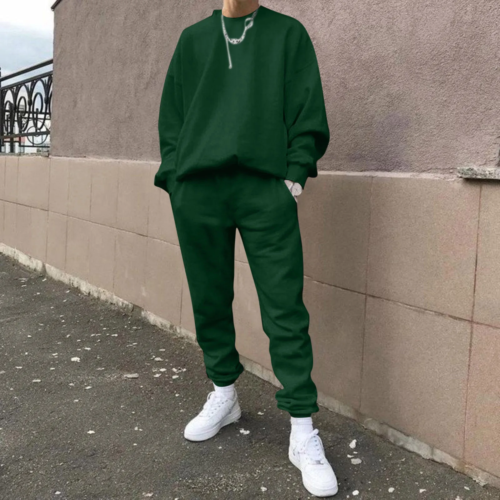 Male Autumn Winter Casual Solid Color Round  Neck Off Shoulder Long Sleeve Sweatshirt Drawstring Pocket Pants Two Pieces Set