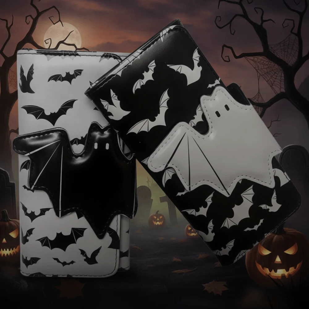 Multi-Functional Bat Ghost Print Wallet Large Capacity Buckle Design Foldable Coin Purse Portable Long Strap