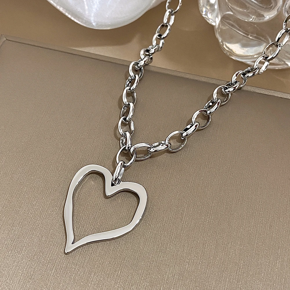 316L Edelstahl Gold Silber Farbe Halskette für Frauen Glänzend Punk Große Hohle Herz Anhänger Halsketten Valentinstag Geschenke – Detail 13