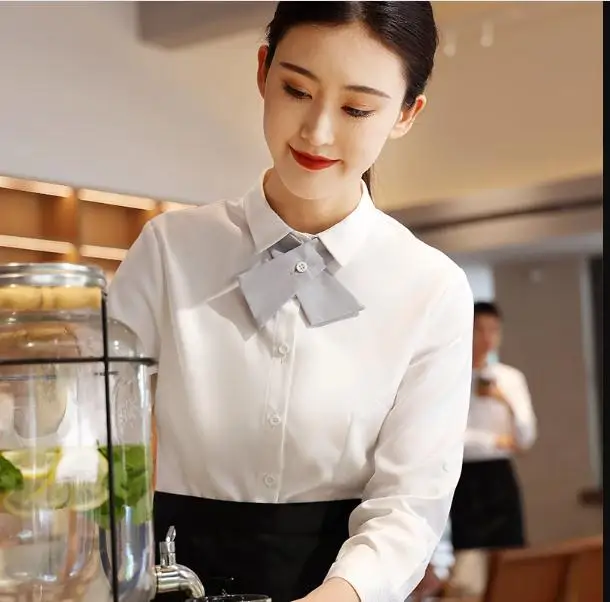 Western Restaurant Waiter Clothing Catering Front Desk Staffs Uniform Dessert Shop Waitress Long Sleeve White Shirt+Apron Set