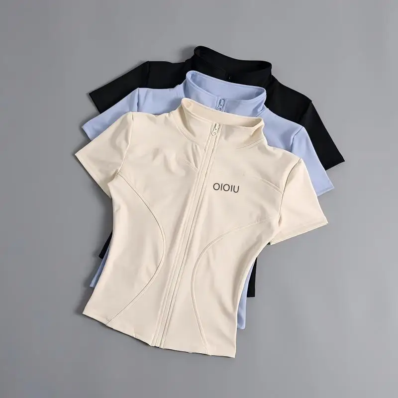 OLOIU Yoga Short-Sleeved Jacket with Elastic Collar, Zippered, Tight-Fitting, Running and Fitness Moisture-Wicking Short Sleeve
