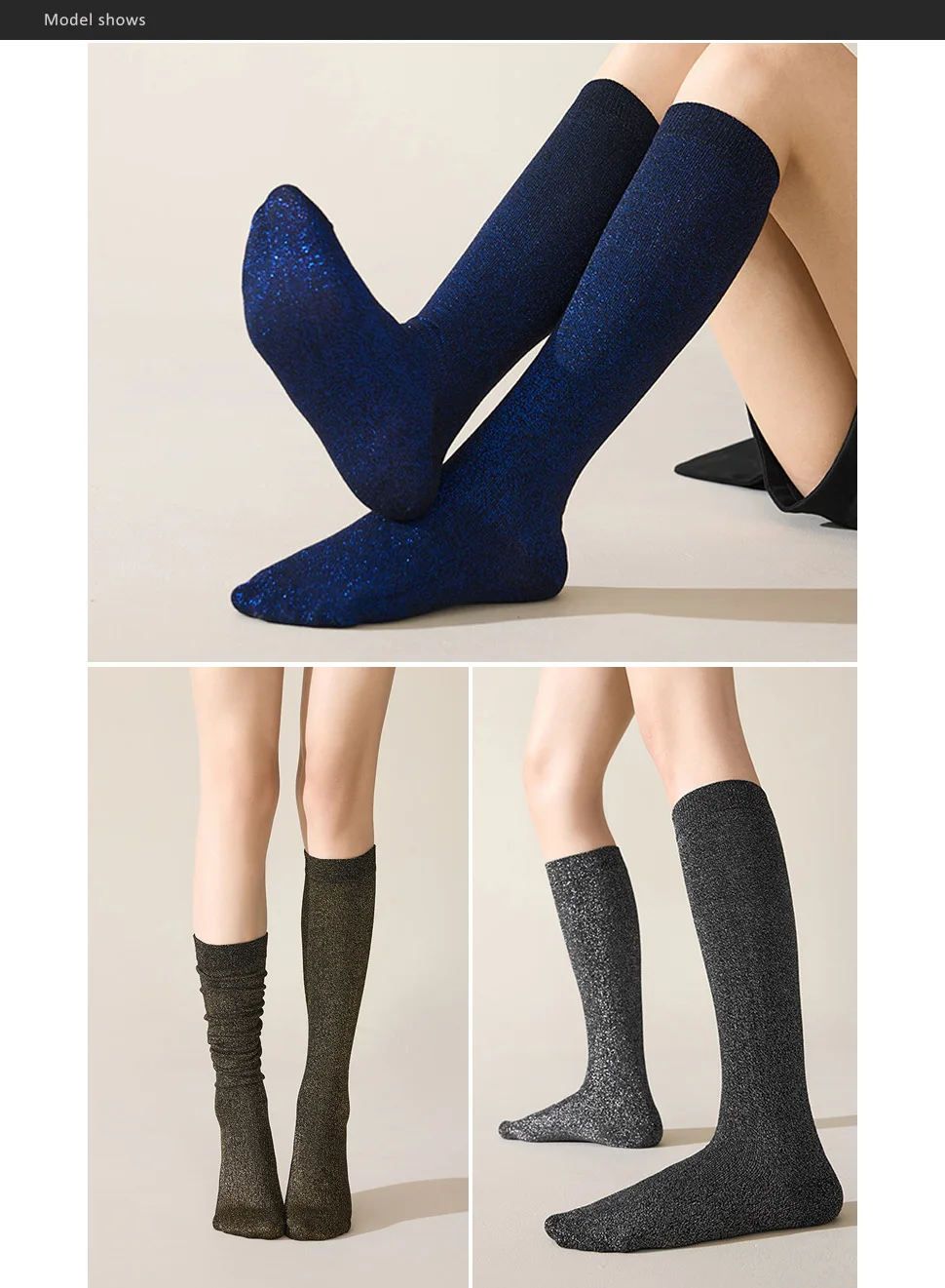 Damen- und Mädchenstrümpfe mit Gold- und Silberfaden, Funkelnde Casual Kniestrümpfe, Lange Wadensocken, Studenten-Crew-Socken, Modische Strümpfe – Detail 4