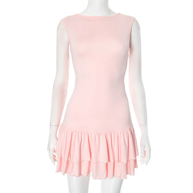 Feminino em camadas plissado hem mini vestido sem mangas fino em camadas tanque vestido y2k estética em torno do pescoço bodycon inchado curto vestido branco