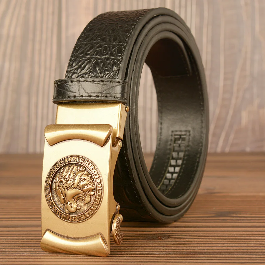 

New crocodile pattern men's belt, cowhide, domineering lion head automatic buckle belt, casual jeans belt, men's belt