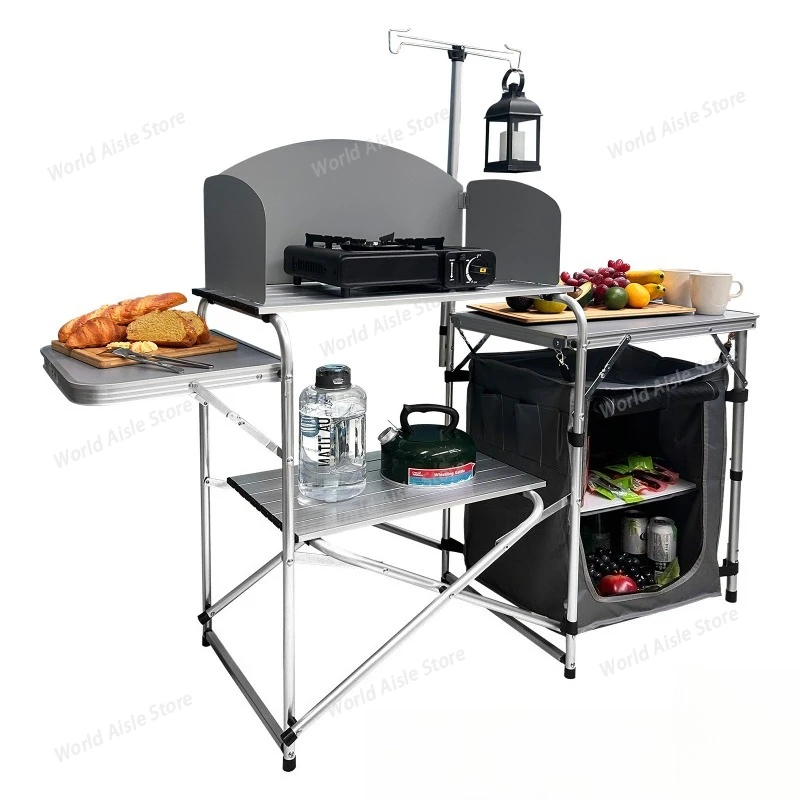 Outdoor Cooking Dining Station Camp Table Portable Folding Table Picnic Mobile Kitchen Camping Cooking Station with Light Stand