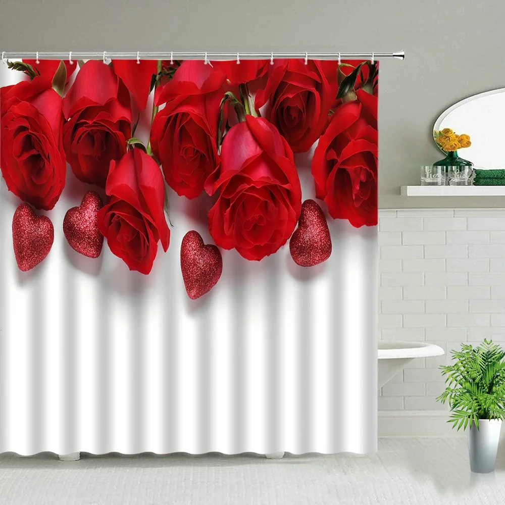 Red Rose Flower Shower Curtains Set Romantic Valentine\'s day Home Decor Hanging Curtain Beautiful Floral Plant Bathroom Curtain