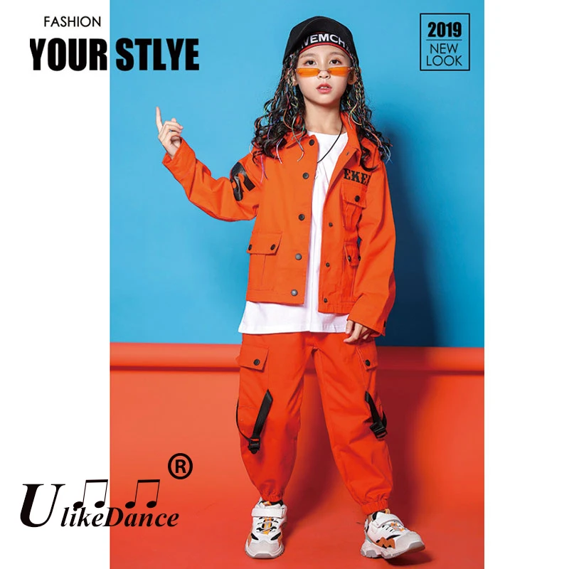 Kids Jazz Costumes Orange Long Sleeve Jacket Pants Girls Street Dance Clothes Boy Hip Hop Outfits Children Modern Dancewear Kpop