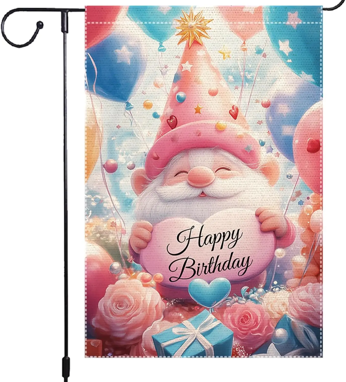 Birthday Garden Flag 12x18 Inch Double Sided Burlap Flag Happy Birthday Cute Gnome Heart Sign Balloons Flowers Gifts Outdoor jjp