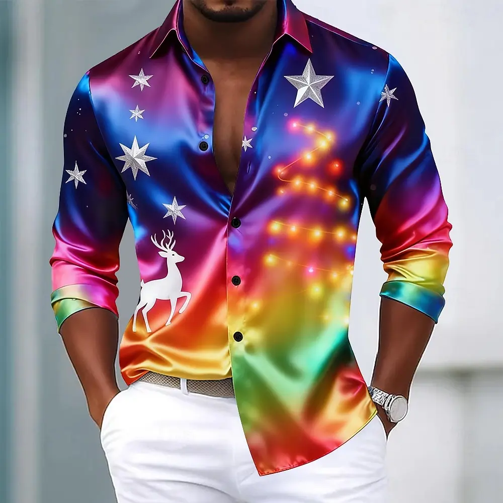

Christmas Men's Stars Gradient Color Christmas Light Shirt Dress Shirt Long Sleeve Fashion Casual Outdoor Party Holiday Spring