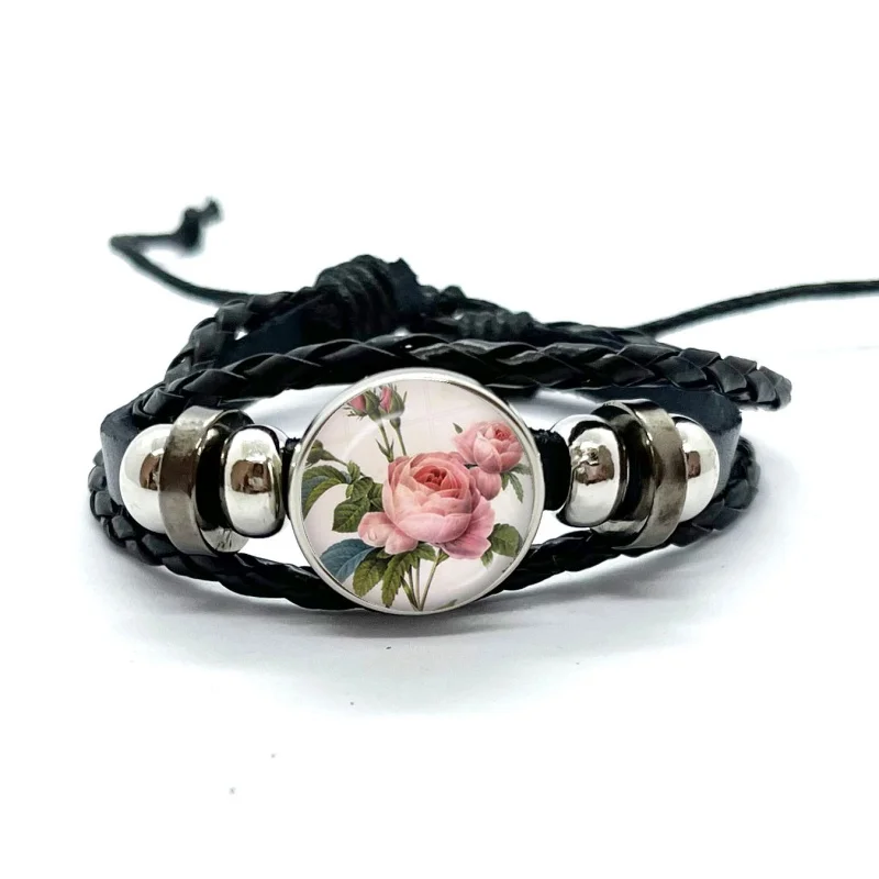 Colorful Sweet Pea Flower Leather Bracelets Glass Dome Snap Button Bracelet & Bangles Fashion Women Men Jewelry