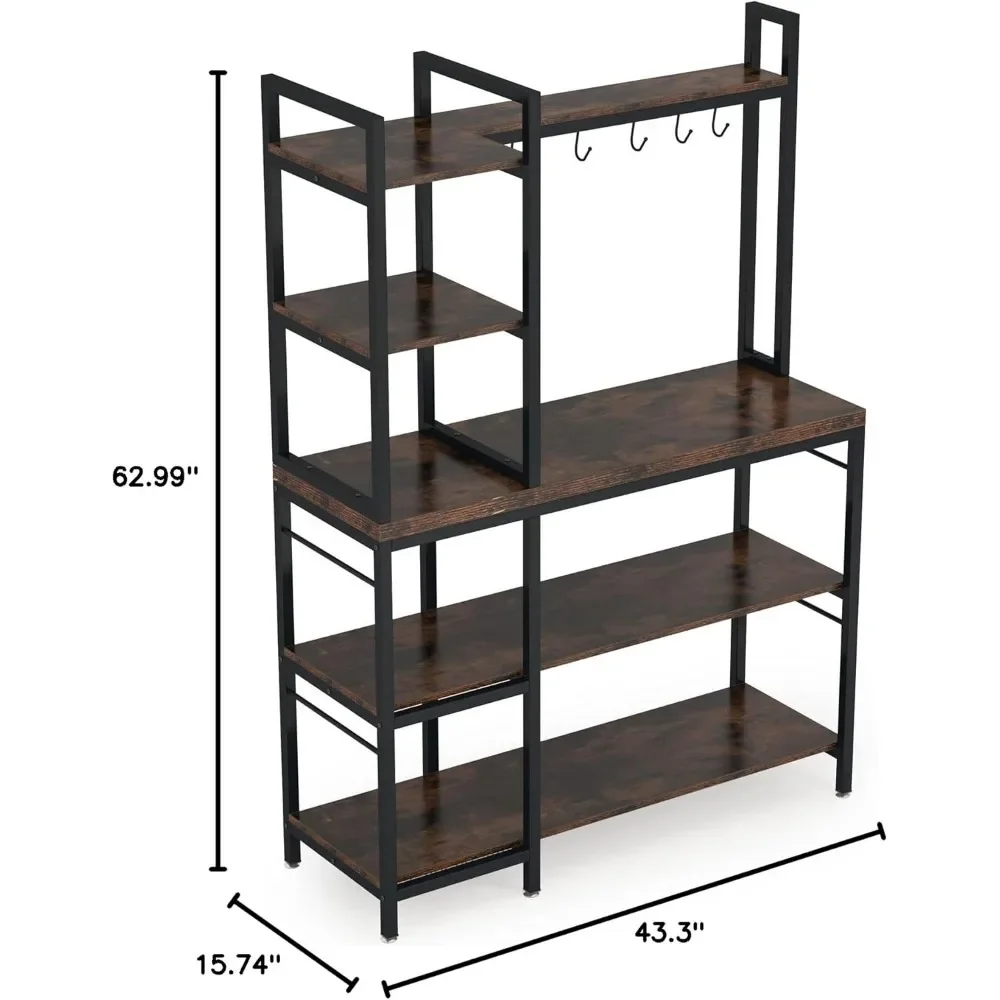 5 Tier Bakers Back for Kitchen, Microwave Oven Stand with 10 Hooks and Hutch, Coffee Bar Station, Large Countertop Workstation