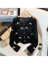 Autumn Winter Women Korean Fashion Long Sleeve Design Bow Shirts Aesthetic V-Neck Mori Girl Blouses Elegant Solid Color Simple