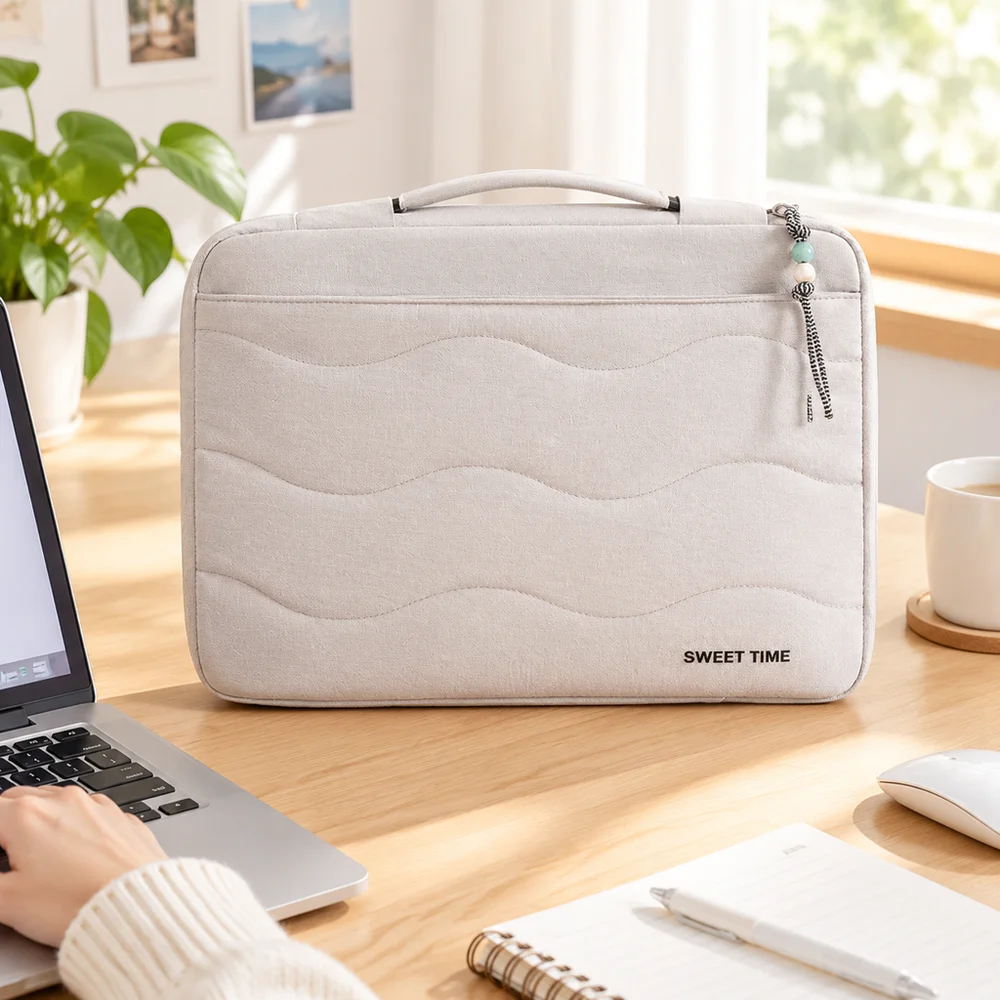 Quilted Laptop Carrying Case Portable Handle Thickened Lining Protective Laptop Bag Multi-Compartment Shockproof