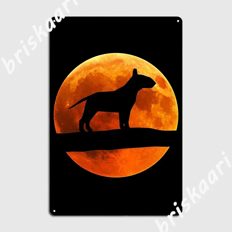 Bull Terrier Dog Silhouette Moon Poster Metal Plaque Retro Wall Cave Plates Home Tin Sign Poster 12x8inch 20x30cm