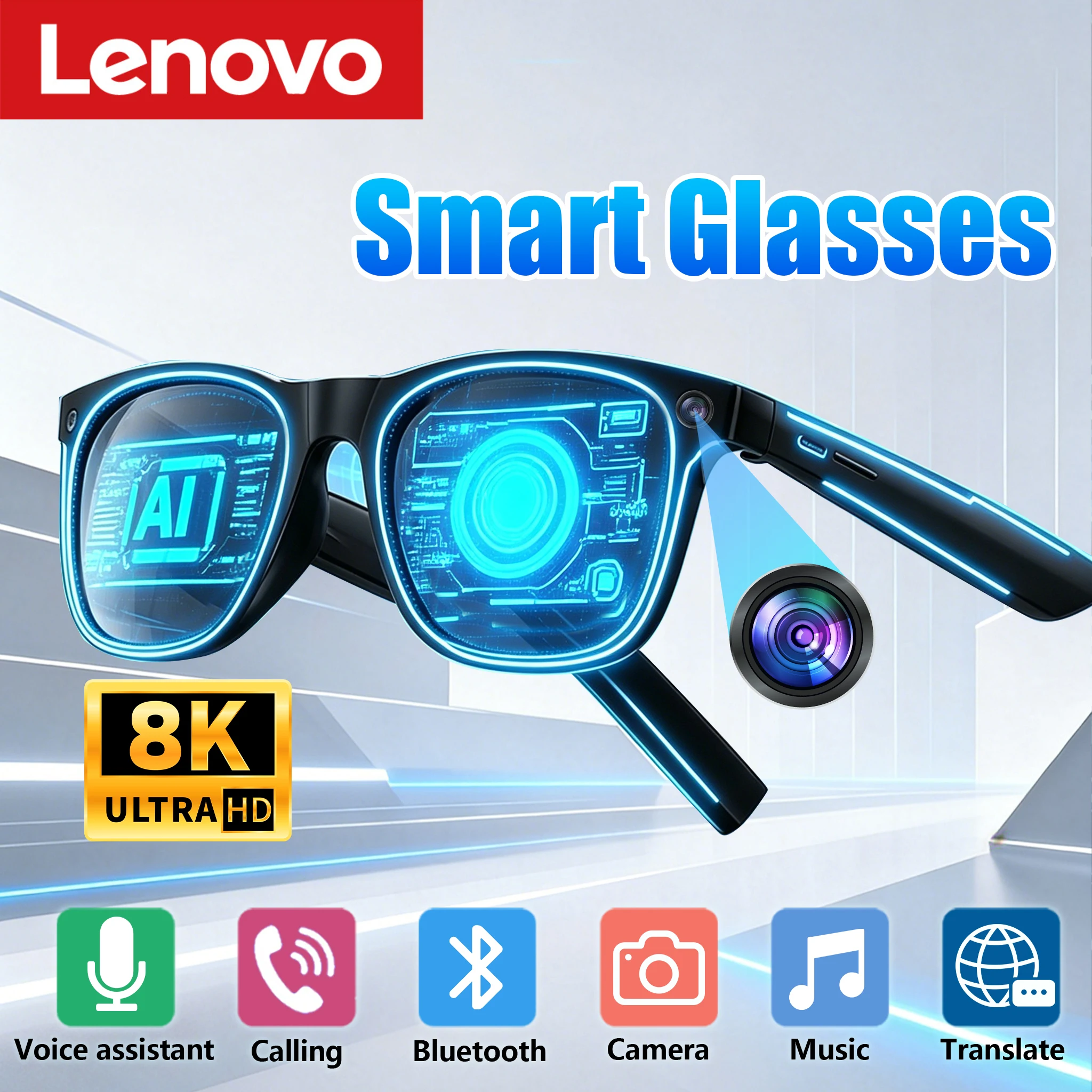 Lunettes intelligentes Lenovo AI 8K HD avec contrôle tactile, appareil photo, enregistrement, traducteur, assistant vocal, musique, Bluetooth sans fil