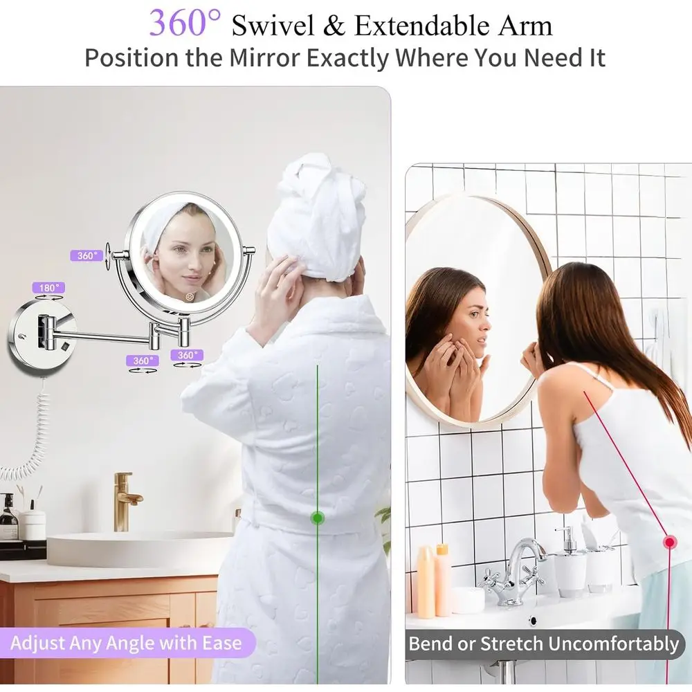 Beleuchteter Kosmetikspiegel mit 30-facher/1-facher Vergrößerung, 3 Farbmodi, dimmbar, 360° °   Dreharm für Badezimmer und Pflege