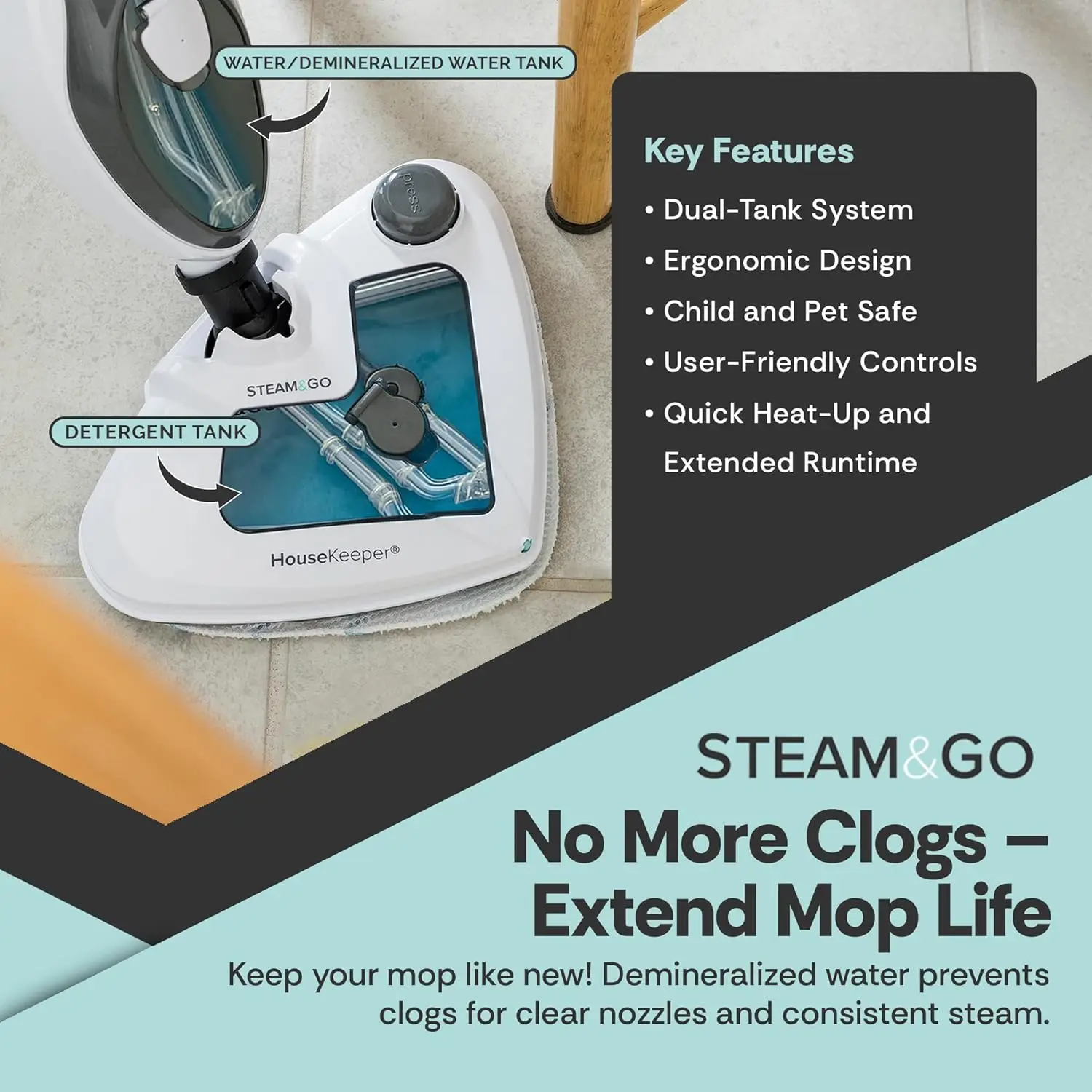 Steam and Go 10-in-1 Steam Mop - Floor Steamer with Detergent Chamber and Detachable Handle for Tile Grout, Clothes, Furniture,