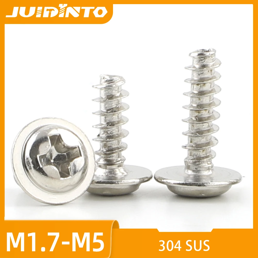 Cross PWB Screws 304 Stainless Steel Phillips Pan Head Washer Flat Tail Self Tapping Screws M1.7 M2 M2.2 M2.3 M2.6 M3 M3.5 M4 M5