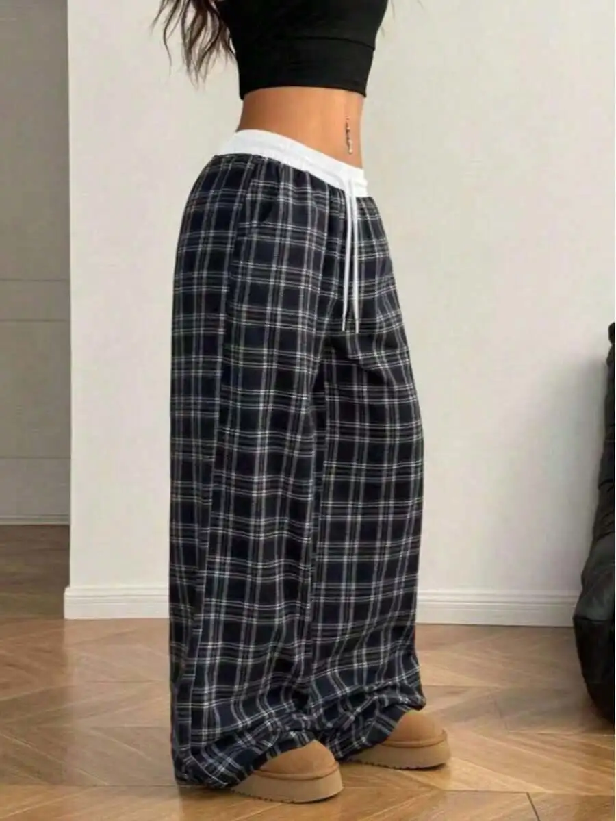 

Classic Plaid Loose Straight Leg Pants With Contrast Waistband Drawstring Casual Lightweight Spring Summer