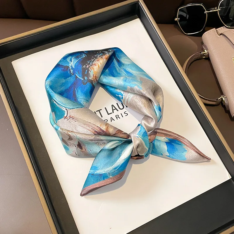 Luxury Brand 100% Real Silk Scarf Women Small Handkerchiefs Hair Ribbon Headband Neckerchief Female Design Square Bandana 2023