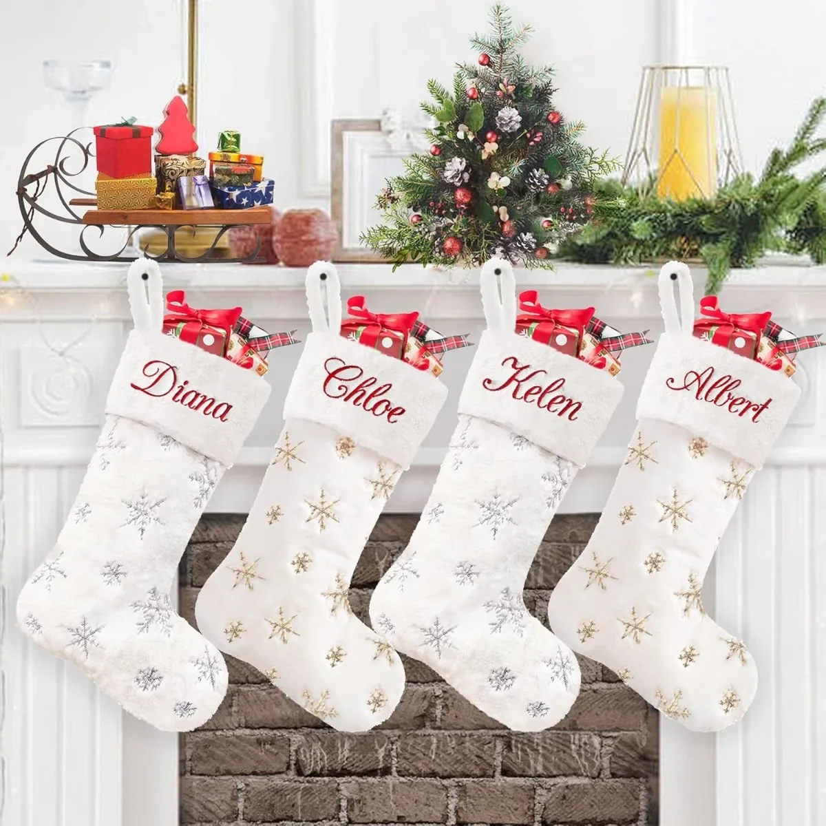 Personalized Christmas Stockings White Christmas Stockings for Family Kids  Xmas Stocking for Farmhouse Fireplace Hangin