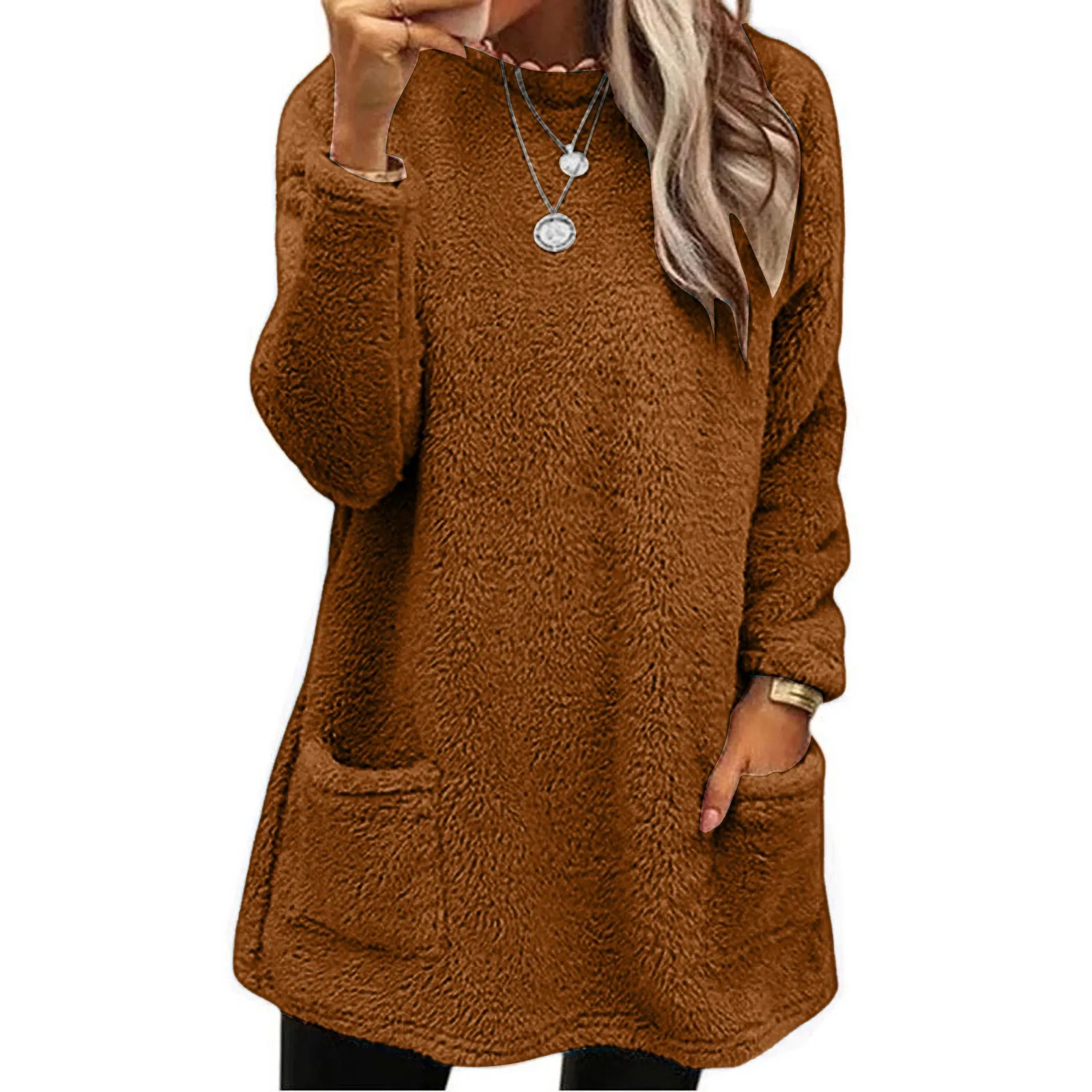 Womens Winter Coat Loose Wool Jacket Long Sleeved Jumper With Pockets Light Sweatshirt