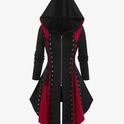 Plus Size Hooded Lace Up Front Zipper Dress Women Medieval Autumn Winter High Waist Long Maxi Outwears Gothic Colorblock Coats