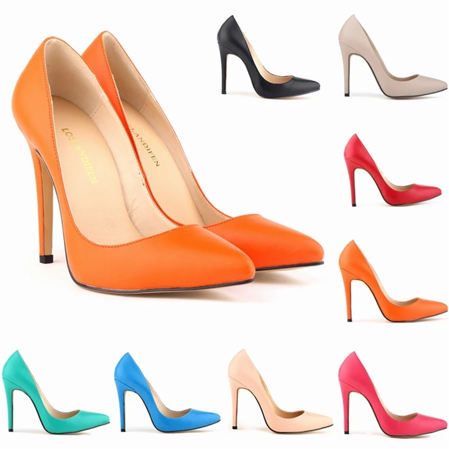 Spring Women\'s Matt leather Fashion Wedding Shoes Orange Blue Red High Heels Stiletto Pumps Pointed Toe Ladies Office Dress Shoe