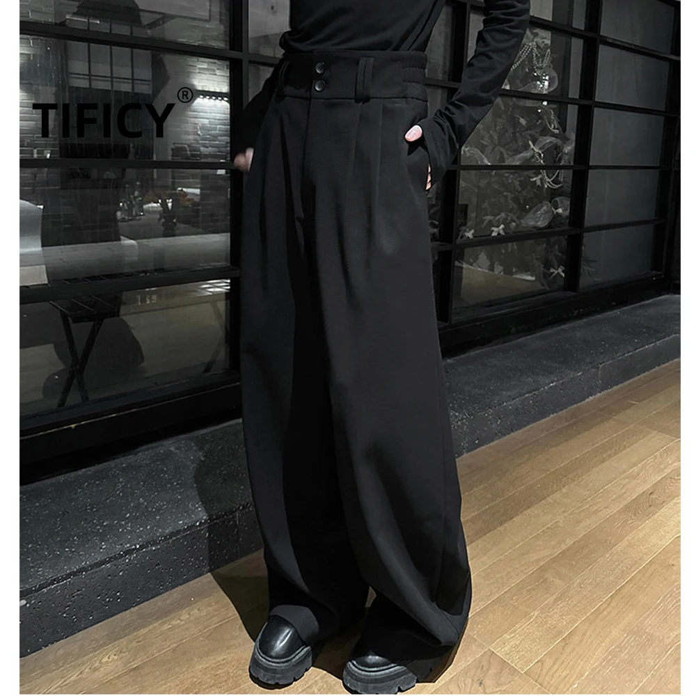 

High Street Black American Curved Knife Pants Men's Spring Drape Straight Leg Wide Leg Streetwear Office Pants