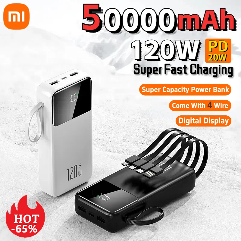 Xiaomi Hot 50000mAh 120W Power Bank Super Fast Charging Powerbank Portable Mobile Power With 4 Wire for iPhone Samsung HUAWEI