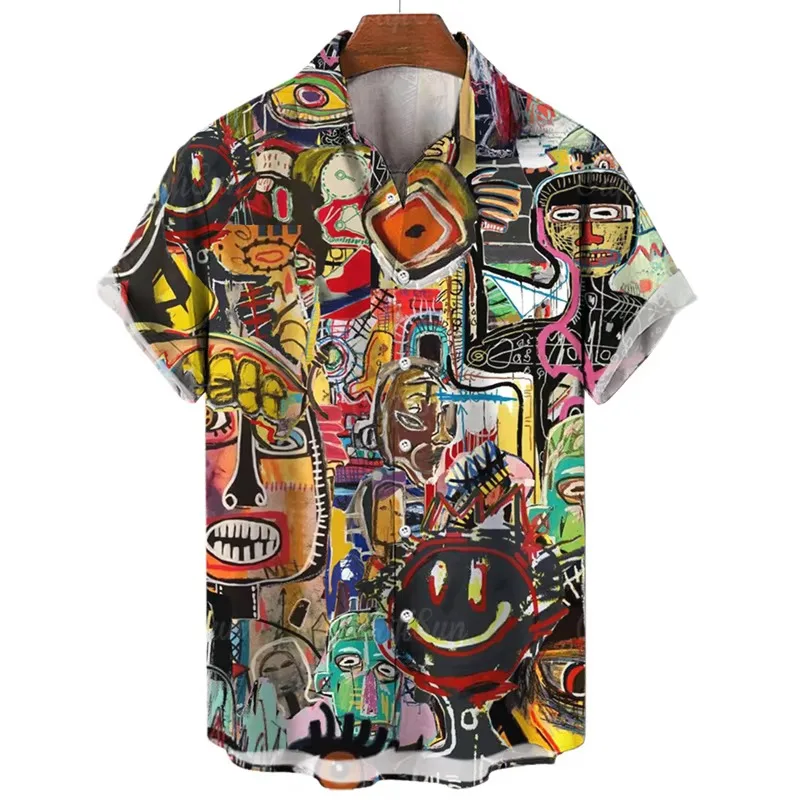 Abstract Face 3d Print Shirt For Men Summer Art Painting Graphics Short Sleeved Hawaiian Lapel Blouse Tops Street Clothing