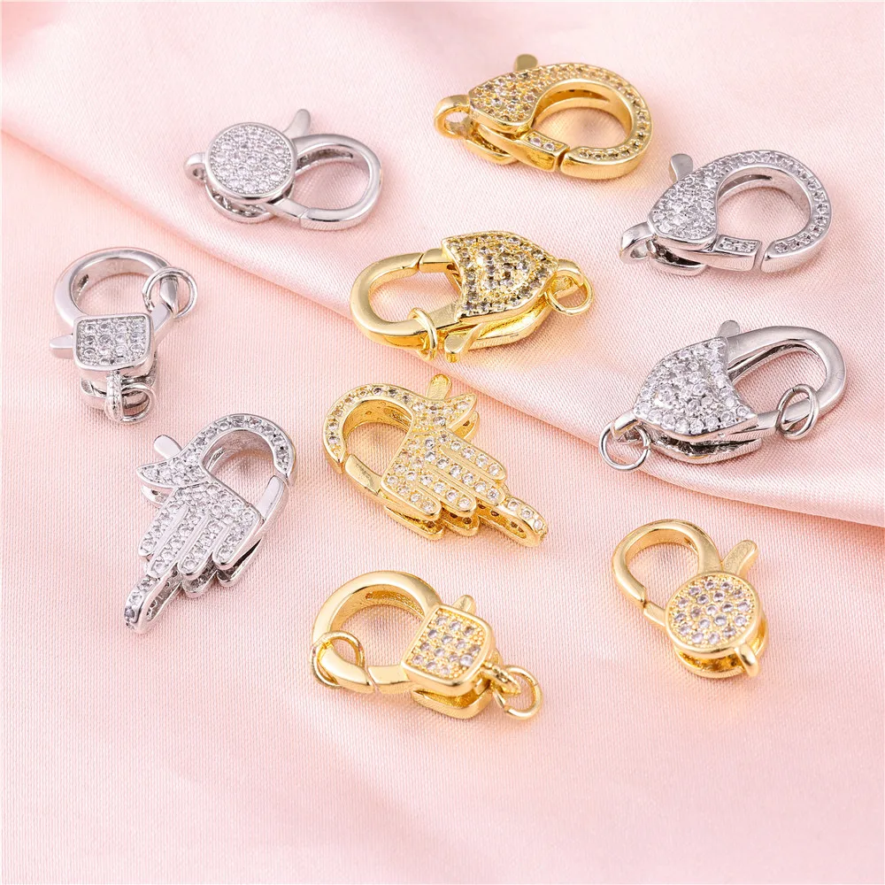 JUYA Gold Silver Tone Micro Pave Zircon Lobster Clasp Connector Hamsa Hand Round Square Jewelry Findings for DIY Jewelry Making