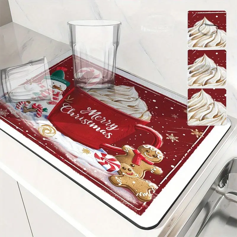 VIKAMA Christmas Dish Drying Mat Deep Red Mug Whipped Cream Snowman Gingerbread Sink Mat Kitchen Happy New Year Home Decor