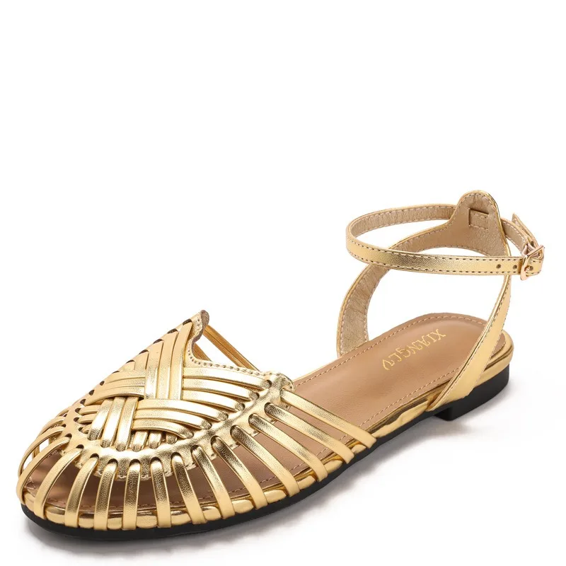 Women Sandals Vintage Roman Bag Head Buckle Strap Sandals Summer Hand-woven Pig Cage Shoes Flat Casual Sandals Golden 36-42