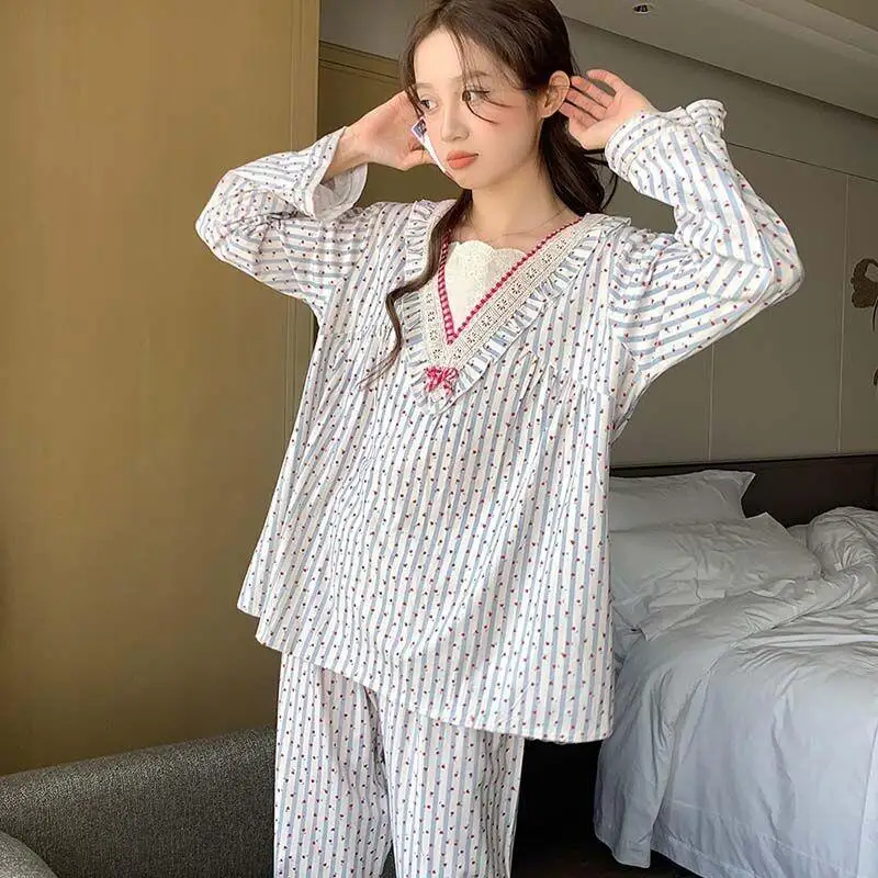 

Women's Pajama Set Fashionable Loungewear Striped Flower Long Sleeve Set Spring and Autumn New Collection