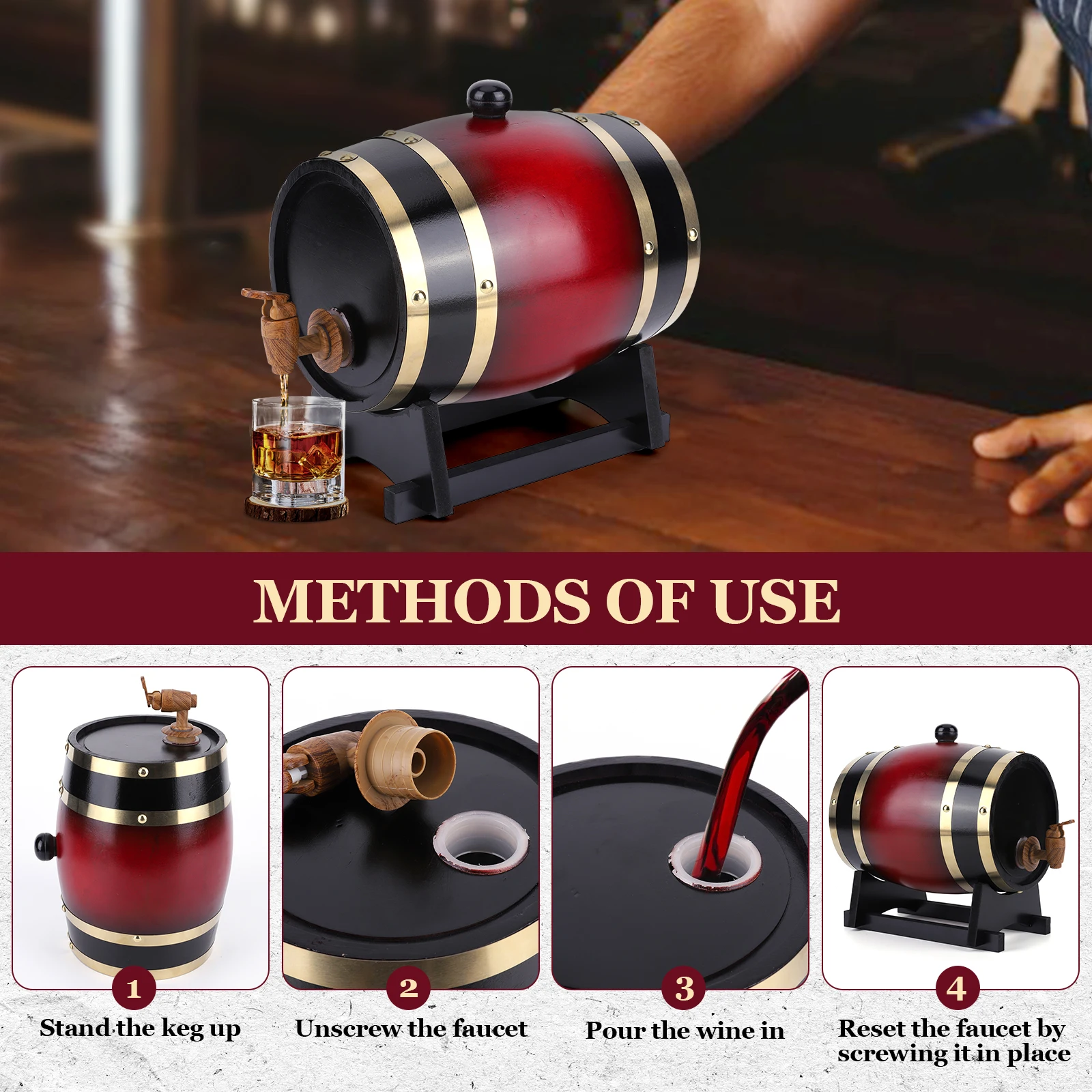 Baril de whisky 3L avec support, barils en bois ménagers, barils de robinet rétro de grande capacité, fournitures de Bar à vin et à whisky