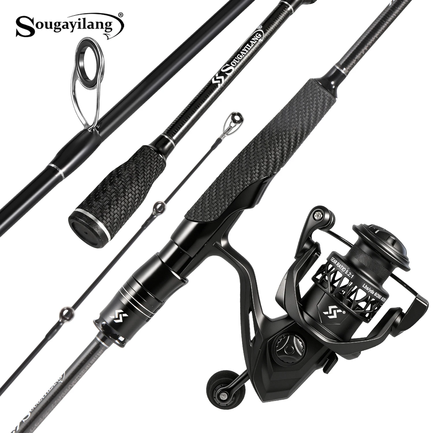 Sougayilang Fishing Rod Reel Combo 1.8m Carbon Fiber Lure Rod 5.2:1 Gear Ratio Spinning Reel Bass Freshwater Saltwater Fishing