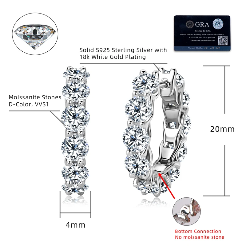 

OXTAO D Color 4mm Moissanite Earring Ladies 925 Sterling Sliver Eternity Luxury Hoop Earrings 14K Yellow Plated Wedding Jewelry