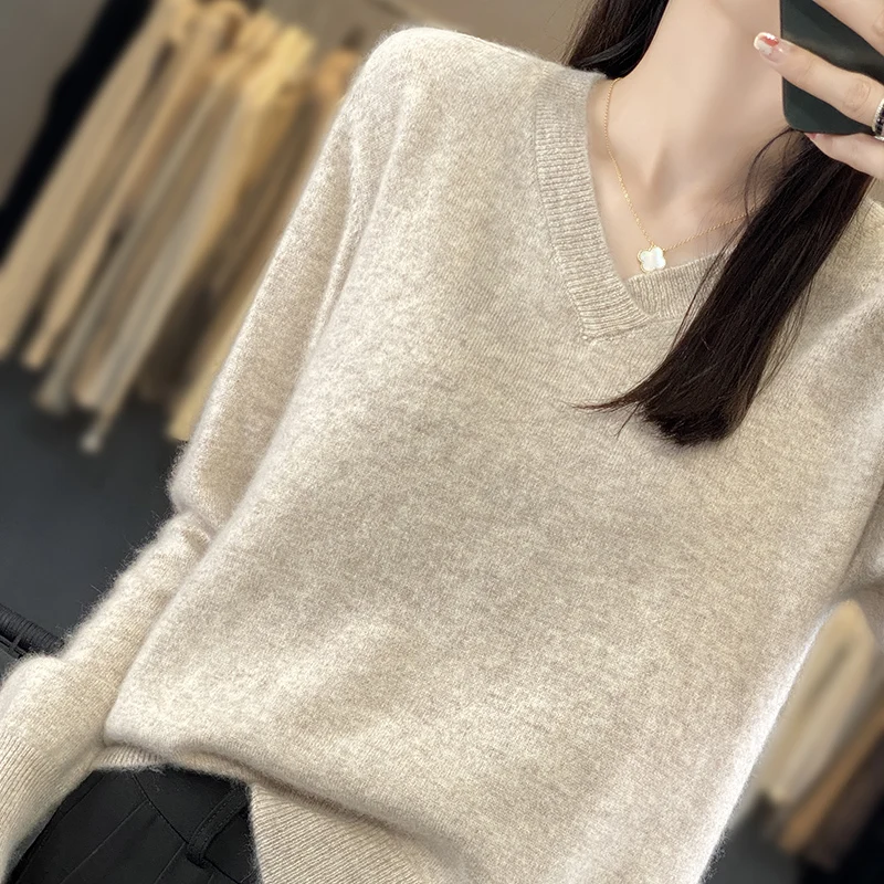 2023 Autumn/Winter New V-neck Loose Women\'s Sweater 100% Woolen Sweater Pullover Long Sleeve Knitted Cashmere Top Sweater