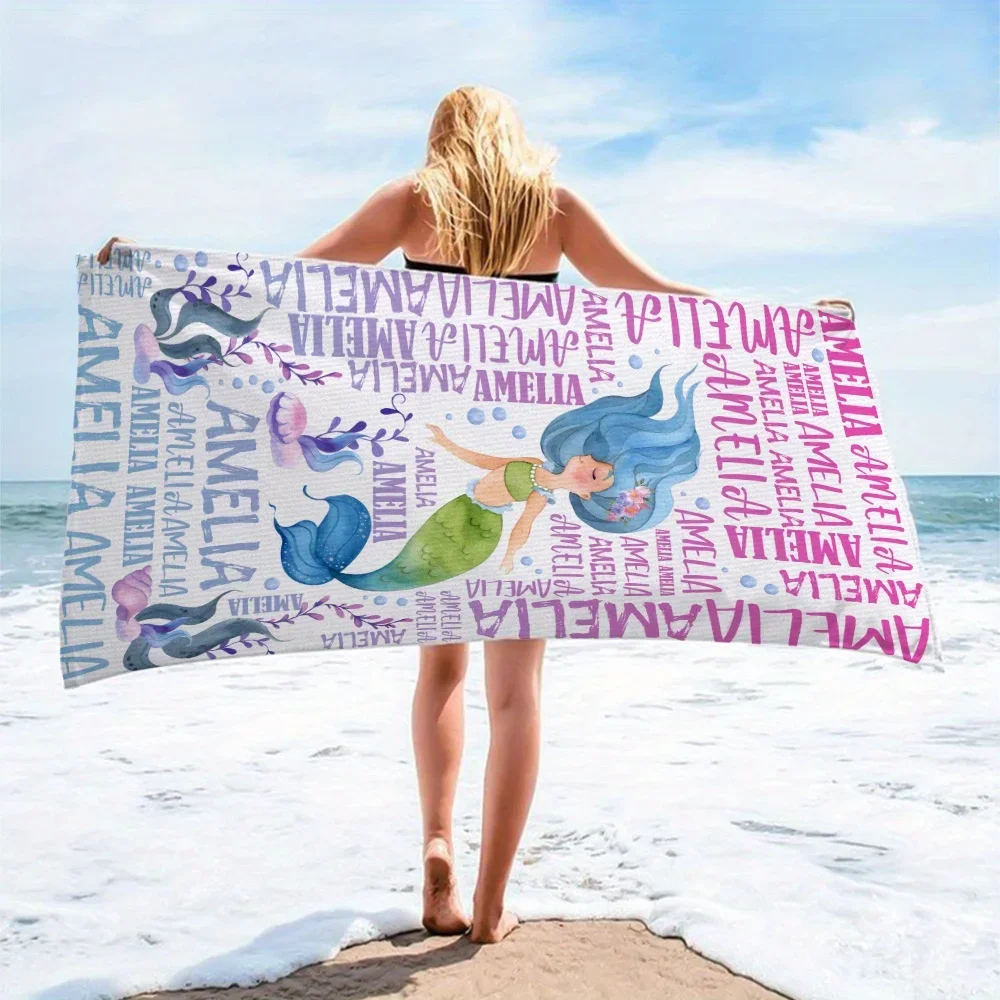 1pc Personalized Beach Towel, Customized Mermaid Shark Dinosaur Dolphin Patter Printed Beach Blanket,Quick-drying Bath Towel