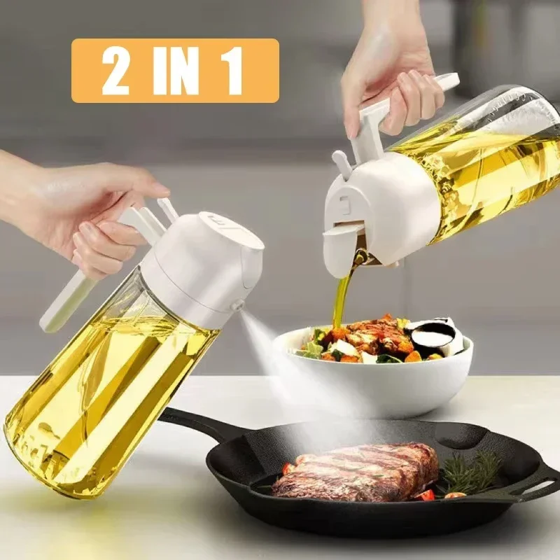 Dispensador de aceite de oliva 2 en 1, botella pulverizadora de aceite de plástico de 500ml, tanque pulverizador de aceite para cocinar, barbacoa, repostería, picnic, herramientas de cocina para el hogar, 1-2 unidades