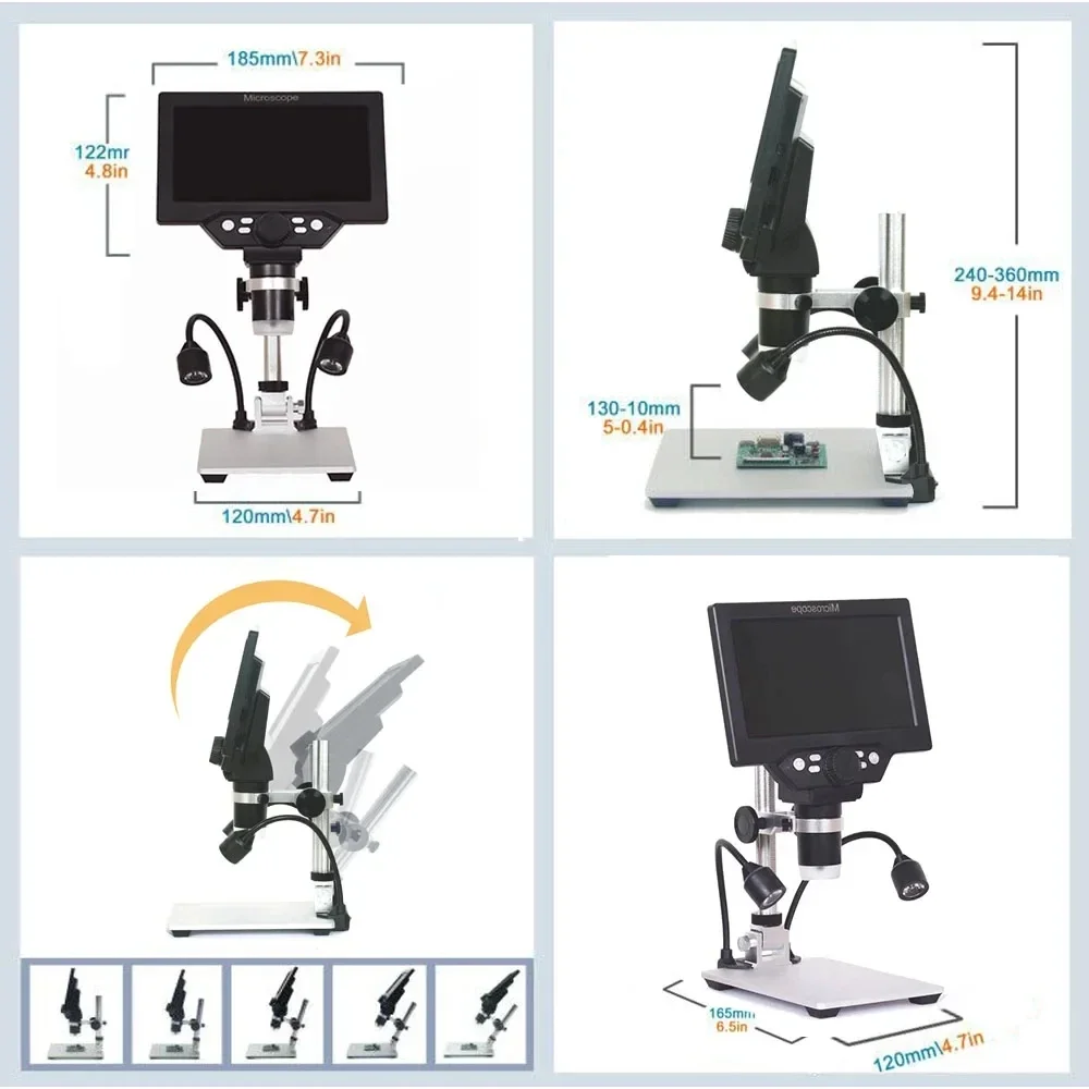 G1200 7-Inch Digital Microscope 1200x Continuous Zoom HD 12MP Industry Microscope Adjustable Stand Built-in Battery Magnifier