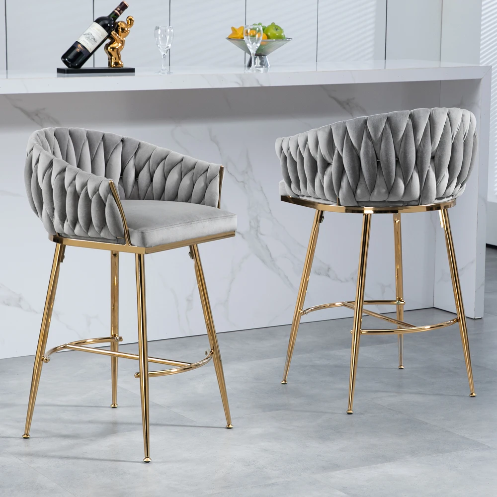 26'' Counter Height Bar Stools Set of 2,velvet Kitchen Island Counter Bar Stool,golden Chromed Base Rest Bar Stools for Kitchen