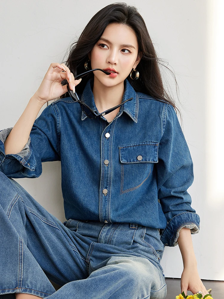 2024 Autumn New Denim Shirt Women Fashion Long Sleeve Jean Shirt Korean Casual Loose Turn-down Collar Blouses