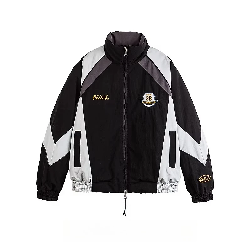 Autumn Winter American Street Sports Style Men's Loose Casual Letter-print Black and White Patchwork Stand-collar Cotton Jacket