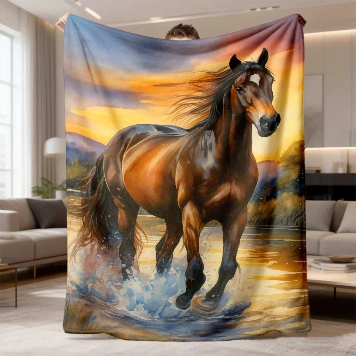 Premium Horse Art Throw Blanket for Living Room Sofa Decorative Equestrian Sunset Animal Lover Fleece Cozy Plush Decor