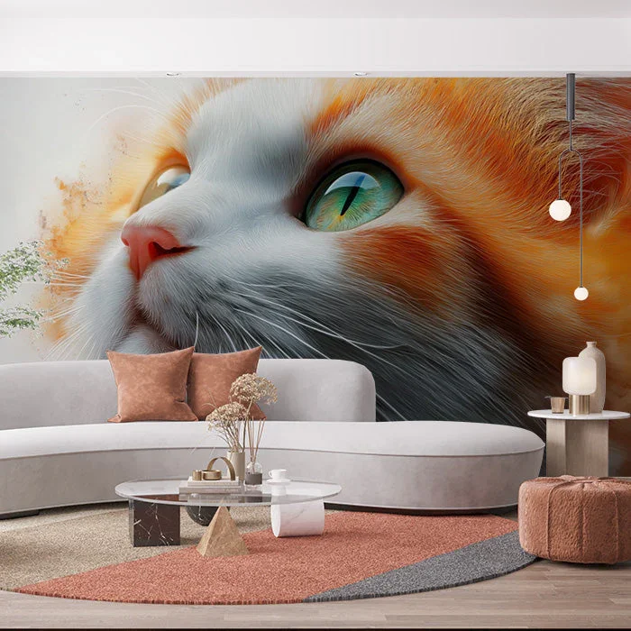 3D Cat Hole Mural Wallpaper in Living Room Orange, Yellow, and Gray Cat Custom Peel and stick wallpaper